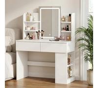 JUMMICO Toeletta da Trucco Moderna con Luci LED Regolabili - Vanity Bianco con Specchio, 2 Cassetti e Ripiani Aperti - Postazione Make-up Funzionale ed Estetica (Bianco)