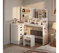 JUMMICO Toeletta per Trucco con Specchio LED e Presa USB, Scrivania a L con Sgabello, Postazione Trucco con 5 Cassetti e Ripiani, Salvaspazio per Camera da Letto Tavolo (Bianco opaco)