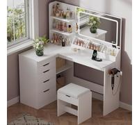 JUMMICO Toeletta per Trucco con Specchio LED e Presa USB, Scrivania a L con Sgabello, Postazione Trucco con 5 Cassetti e Ripiani, Salvaspazio per Camera da Letto Tavolo (Bianco)
