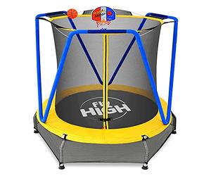 Jumpoo - Trampolino elastico per bambini da 170cm indoor/outdoor tappeto elastico completo di rete di sicurezza, morbido pad imbottito e canestro - Carico max 55kg