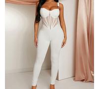 Jumpsuit elegante e romantica, bianca, in maglia estensibile, con imbracatura e corpetto stile corsetto, impreziosita da accessori, adatta per matrimoni, stagioni primaverili/estive, San Valentino e o