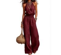 Jumpsuits for Women Linen Sleeveless Halter Open Back Wide Leg Casual Style | Adjustable Neck Tie Smocked Waist Side Pockets Full Length Pants Relaxed Drape Vacation Brunch Travel Ready Everyday Styling