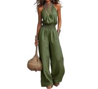 Jumpsuits for Women Linen Sleeveless Halter Open Back Wide Leg Casual Style | Adjustable Neck Tie Smocked Waist Side Pockets Full Length Pants Relaxed Drape Vacation Brunch Travel Ready Everyday Styling