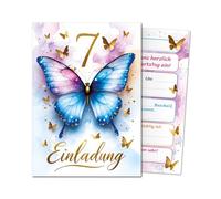 JuNa-Experten 12 biglietti d'invito per il 7° compleanno dei bambini, farfalla e ragazze, fantastici inviti di compleanno