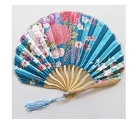 Junchen&Zhang Signora in possesso di Un ventaglio a Forma di Conchiglia, Pieghevole, Portatile,Ventaglio Giapponese Vintage in Tessuto di Seta,con Borsa (Azzurro)