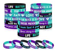 JUNEBRUSHS 42 braccialetti in silicone per la prevenzione del suicidio alla rinfusa viola con nastro color foglia di tè ispiratori braccialetti in gomma per la prevenzione del suicidio consapevolezza