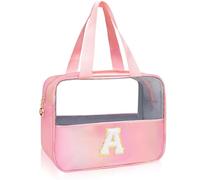 Junesters Initial Clear Makeup Bag Personalized Pink Clear Cosmetic Bag, Cute Large Make Up Bags Organizer Bag, Travel Toiletry Bag for Women Girl Gifts A (Pink)
