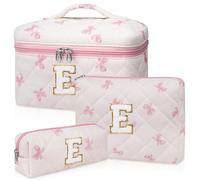 Junesters Initial Makeup Bag Set, Personalized Quilted Makeup Bag, Large Floral Cosmetic Bag for Women, Cute Cotton Custom Make up Bags, Flower Travel Toiletry Bag Teen Girl Gift Pink Butterfly E