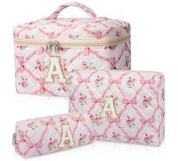 Junesters Set di borse per il trucco con iniziale personalizzata, borsa per il trucco trapuntata, grande borsa cosmetica floreale per le donne, borse per il trucco personalizzate in cotone carino,