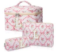 Junesters Set di borse per il trucco con iniziale personalizzata, borsa per il trucco trapuntata, grande borsa cosmetica floreale per le donne, borse per il trucco personalizzate in cotone carino,