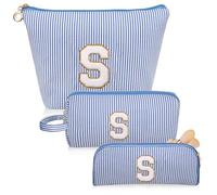 Junesters Set di borse per il trucco con iniziali, borsa cosmetica blu personalizzata, graziosa borsa per il trucco grande, borsa da viaggio per donne e ragazze, regalo S (blu), Blu, S