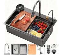 JUNFUNNLE Lavello da cucina a cascata nera, 70 x 50 cm, 1 lavandino in acciaio inox, per uso domestico, moderno lavello a cascata, grande postazione di lavoro, con set di accessori