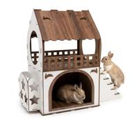 Jungengel Casetta per Conigli XXL Conigliera Legno Interno con Balcone | Due piani, casa & cuccia con portafieno, conigli & porcellini d'India fino a 5 kg, per interno, bianco-marrone