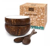 Jungle Culture Ciotole e Cucchiai di Cocco Naturale Autentico set di Ciotole in Cocco all’interno Laccato Bianco Realizzato a Mano con Cannuccia di Bambù e Sacchetto di Iuta • Durevole & Ecologico