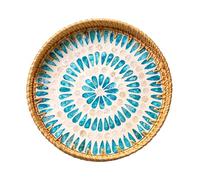 JUNGLE CULTURE Grande vassoio da portata in rattan, 35 cm, con intarsio in madreperla, collezione Boho, fatto a mano, con manici, vassoi rotondi in tessuto per la casa, cesto di vimini ondulato