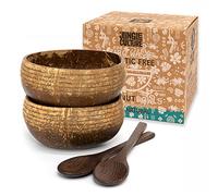 Jungle Culture® Set di 2 Ciotole in Noce di Cocco con Cucchiai, Cannuccia e Sacchetto • Ciotola de Legno per servire l'insalata, Frullati di Acai Pasta Cereali • 100% Prodotto Naturale • Coconut Bowls