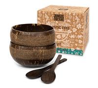 Jungle Culture® Set di 2 Ciotole in Noce di Cocco con Cucchiai, Cannuccia e Sacchetto • Ciotola de Legno per servire l'insalata, Frullati di Acai Pasta Cereali • 100% Prodotto Naturale • Coconut Bowls