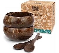 Jungle Culture® Set di 2 Ciotole in Noce di Cocco con Cucchiai, Cannuccia e Sacchetto • Legno per servire l'insalata, Frullati di Acai Pasta Cereali