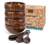 Jungle Culture® Set di 4 Ciotole in Noce di Cocco con Cucchiai, Cannuccia e Sacchetto • Ciotola de Legno per servire l'insalata, Frullati di Acai Pasta Cereali • 100% Prodotto Naturale • Coconut Bowls