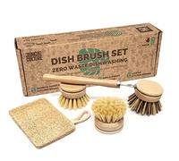 Jungle Culture® Set di 4 Spazzole per Piatti Naturali • Set di Spazzole Eco e Spugna Abrasiva per Pentole • Pulizia a Base di Piante • Set di Spazzole per Piatti con 3 Testine di Ricambio