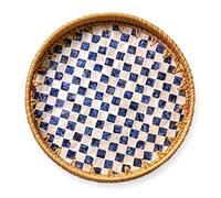 JUNGLE CULTURE Vassoio da portata in rattan, 30 cm, con intarsio in madreperla, collezione Boho, realizzato a mano con manici per la casa, vassoio rotondo per tavolo da pranzo, cestino in vimini