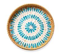 JUNGLE CULTURE Vassoio da portata in rattan, 30 cm, con intarsio in madreperla, collezione Boho, realizzato a mano con manici per la casa, vassoio rotondo per tavolo da pranzo, cestino in vimini