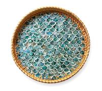 JUNGLE CULTURE Vassoio da portata in rattan, 30 cm, con intarsio in madreperla, collezione Boho, realizzato a mano, con manici per la casa, vassoio rotondo per tavolo da pranzo, cestino in vimini a