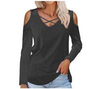 Juniors Top Camicetta a Spalla Fredda da Donna Scollo a V Floreale Lunga Slim Tuniche Wrap Autunno Estate Camicie 2024, Z-026 Nero, L