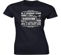 JUNKOU On a Gathering Storm Comes a Tall Handsome Man in a Dusty Coat with a Red Right Hand Men Fitted Short Sleeve t-Shirt Black S
