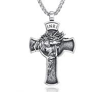 JUNNASALIKER Collana vintage con crocifisso con volto di Gesù Cristo per uomo cristiano, Acciaio al titanio