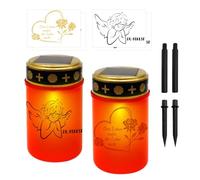 JUNUNDJING 2 candele a LED a energia solare, con 4 adesivi (2 varietà), luce solare a LED, per cimitero, IP55, resistenti alle intemperie, con 2 picchetti, 2 prolunghe e sensore crepuscolare, rosso