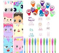 Junyaoii Gabby's - Set di pensierini per il compleanno dei bambini, include 12 timbri per la casa delle bambole, 12 penne UV e 12 simpatici tamponi per regali di compleanno, sacchetti regalo, penne