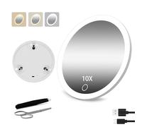 Junyaoxuan Specchio ingranditore 10X con luce, 15,2 cm, grande specchio ingranditore per trucco con 3 colori dimmerabili, portatile a LED ingrandito con 3 ventose, bianco