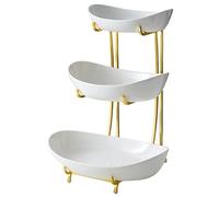 JUNYFFF Ciotola per Frutta in Ceramica A 3 Piani,Cesto per La Frutta 3 Piani Portafrutta Ovale con Supporto in Metallo, per Frutta, Pane, Snack, Dessert, Torta, Dolci, Salse per Patatine,Bianca
