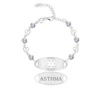 JunyiDIY Bracciale medico asma con catena a cuore & zircone bianco, regolabile, gioiello d’emergenza per donne & compleanno