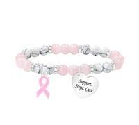 JunyiDIY Bracciale Nastro Rosa con perle 8mm quarzo rosa e turchese bianco, cuore “Support Hope Cure” - Regalo per mamma, moglie, guerriera
