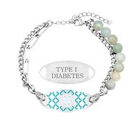 JunyiDIY Braccialetto di allarme medico per il diabete di tipo 1 in amazonite con perle - Gioiello di identificazione di sicurezza personalizzato in acciaio inossidabile a doppia catena per donne