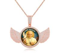 JunyiDIY catena oro rosa con ali d’angelo e Papa Francesco, ciondolo rotondo scintillante, simbolo spirituale per sorella e fratello, celebrazione Pasqua YA5953