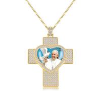 JunyiDIY ciondolo foto Papa Francesco in oro, stile rapper, croce a cuore, anniversario marito e moglie, commemorazione religiosa cristiana, YA5957