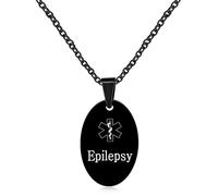 JunyiDIY Collana medica nera per epilessia da uomo - Gioielli identificativi di avviso medico impermeabili - Ciondolo alla moda di salvataggio per lui amante