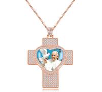 JunyiDIY collana oro rosa con zirconi cubici stile hip hop, Papa Francesco e croce, gioiello fede cattolica per sorella e fratello, regalo Pasqua, ricordo di preghiera YA5957
