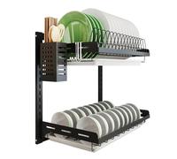 junyuan Scolapiatti da cucina, da appendere sopra il lavandino, 2 ripiani da parete con vassoio di scarico, in acciaio inox con rivestimento nero (2 ripiani, 16)