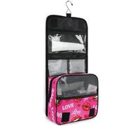JUNZAN Beauty case da viaggio da appendere per donne e uomini, con scritta "Love and Lips", con gancio, organizer per trucchi per la famiglia, rosa