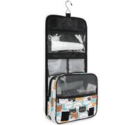 JUNZAN Beauty case da viaggio da appendere per donne e uomini, con simpatici gatti e gattini, con gancio, organizer per trucchi per la famiglia, colore ciano chiaro