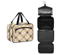 JUNZAN Beauty case da viaggio da donna, con gancio, a quadretti, color cammello, beige, beige cammello, 10.8" x 8" x 5.5", Colorato