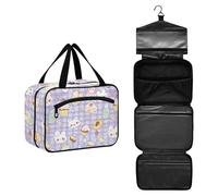 JUNZAN Borsa da toilette da viaggio da appendere a quadri blu con cupcake carini per donne borse da toilette con gancio organizer per trucco, Carino Cupcakes in Plaid Blu, 10.8" x 8" x 5.5", Colorato