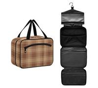 JUNZAN Borsa da toilette da viaggio da appendere scozzese a quadri per donne borse da toilette con gancio organizer per trucco cammello, Cammello, 10.8" x 8" x 5.5", Colorato