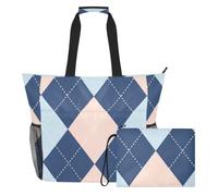 JUNZAN Borsa di totalizzatore resistente dell'acqua della spiaggia di | Borsa da spiaggia con tasche laterali in rete, per lo shopping quotidiano Argyle Blair, blu e rosa cipria