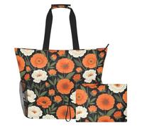 JUNZAN Borsa di totalizzatore versatile della spiaggia con il sacchetto | EVA foderato bagnato tasca oggetti grande capacità Tote Bag Holiday raduno floreale arancione fiore vintage