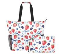 JUNZAN Borsa di totalizzatore versatile della spiaggia con il sacchetto | EVA foderato bagnato tasca oggetti grande capacità Tote Bag Holiday raduno blu frutta estate fragola
